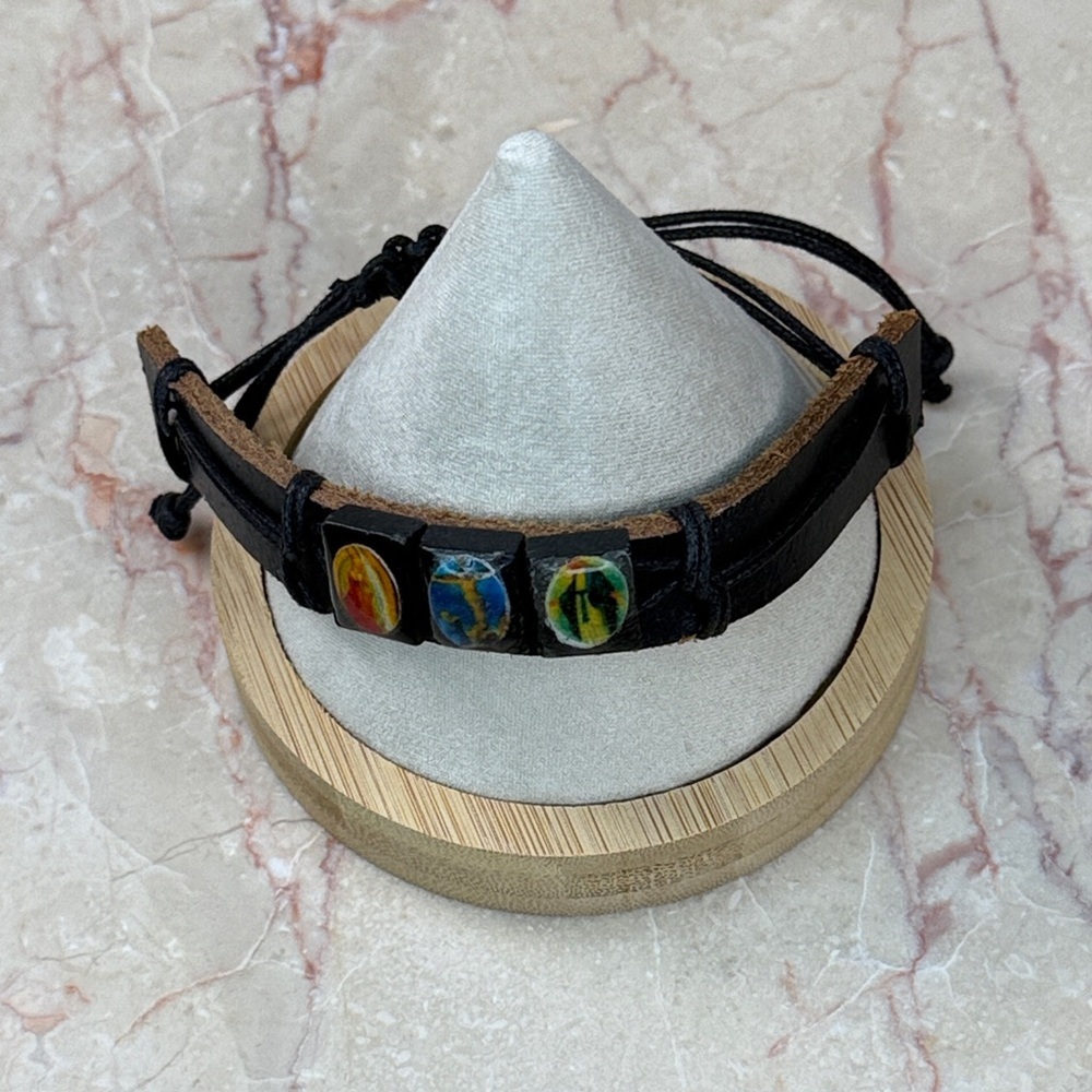 Black Leather Bracelet with Multicolor Accents